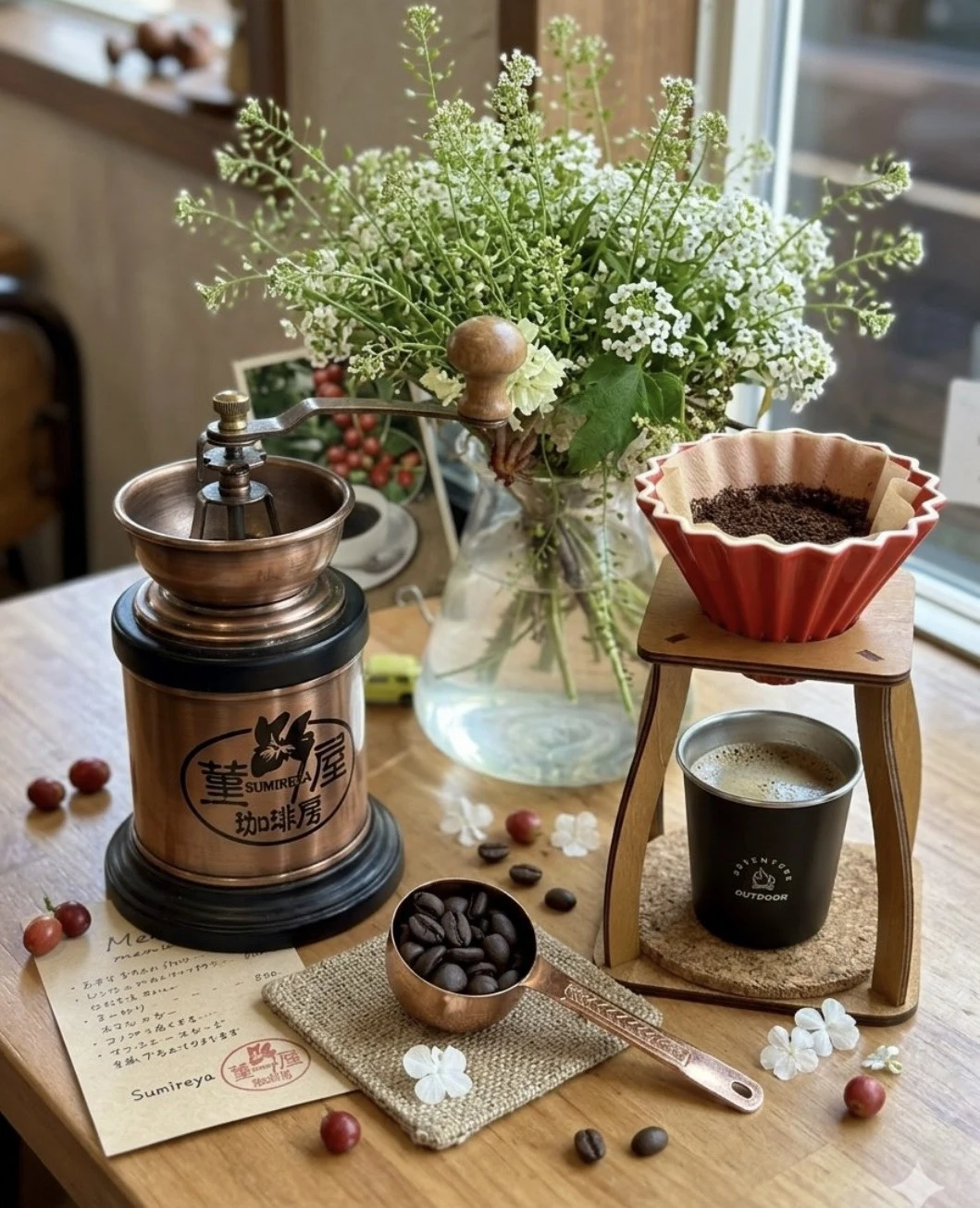 花と珈琲道具に囲まれた菫屋の一杯
